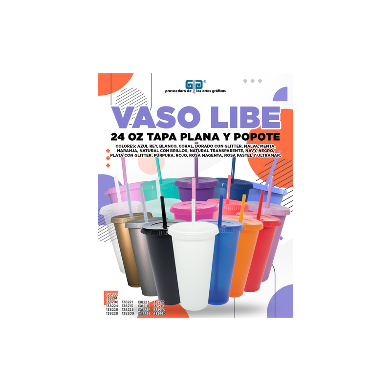 VASO LIBE 24 OZ TAPA PLANA Y POPOTE VARIEDAD EN COLORES