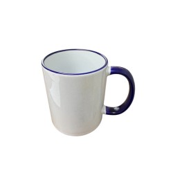 TAZA BLANCA 11 OZ INTERIOR BLANCO, ORILLA Y ASA AZUL OSCURO, PARA SUBLIMAR