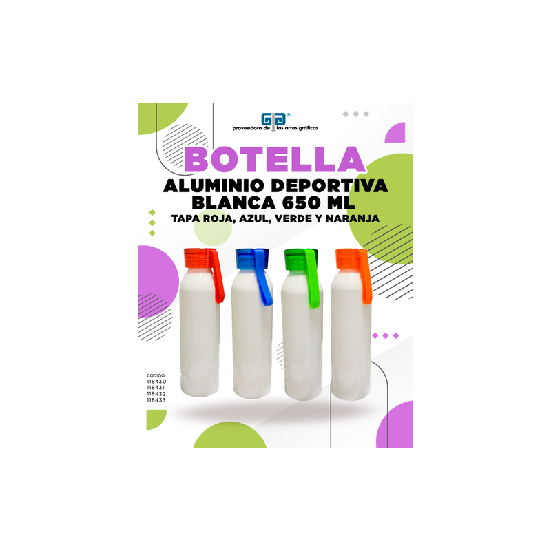 BOTELLA DE ALUMINIO BLANCA DEPORTIVA PORTABLE 650 ML COLORES