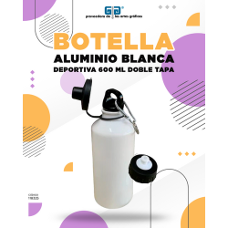 BOTELLA DE ALUMINIO BLANCA DEPORTIVA 600 ML DOBLE TAPA