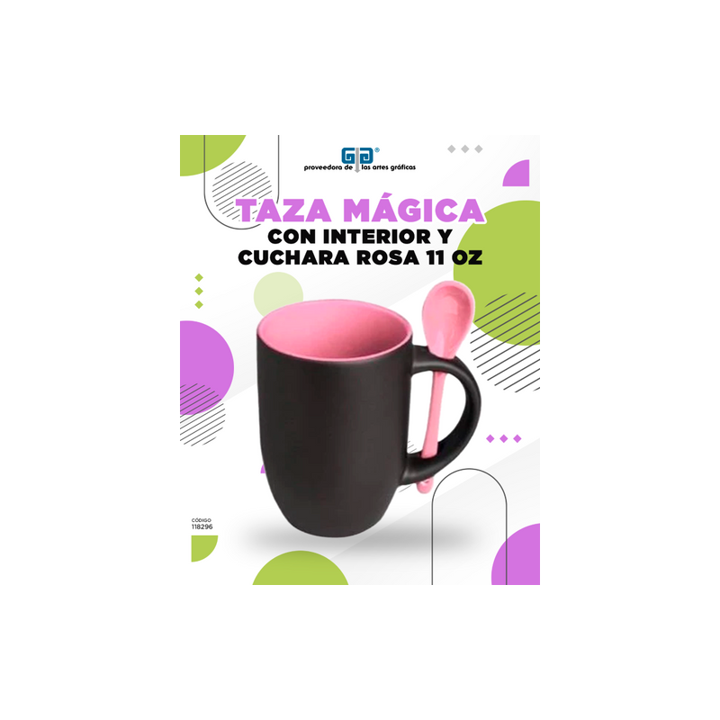 TAZA MAGICA NEGRA INTERIOR Y CUCHARA ROSA 11 OZ
