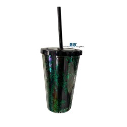 VASO LIKY VERDE GLITTER DOBLE FONDO TAPA Y POPOTE NEGRO