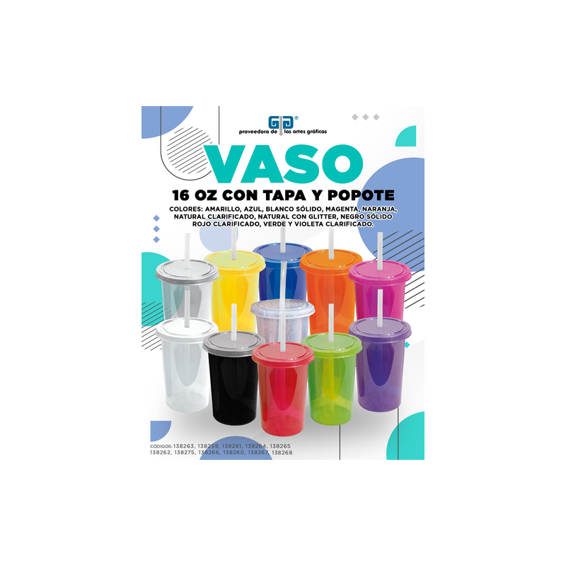 VASO CAPI 16 OZ VASO Y TAPA MISMO COLOR, POPOTE NATURAL, VARIEDAD EN COLORES