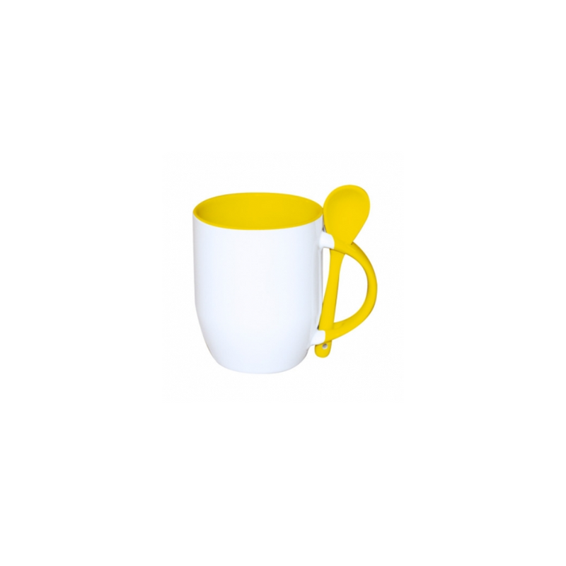 TAZA BLANCA CON CUCHARA 11 OZ AMARILLA FONDO OVALADO PARA SUBLIMAR SUBLIMACION ENCOGRAPHICS