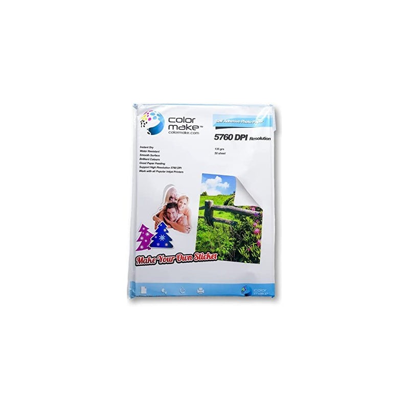 Papel Blanco, fotográfico, con adhesivo, COLORMAKE tamaño A4, con 50 hojas. 135g